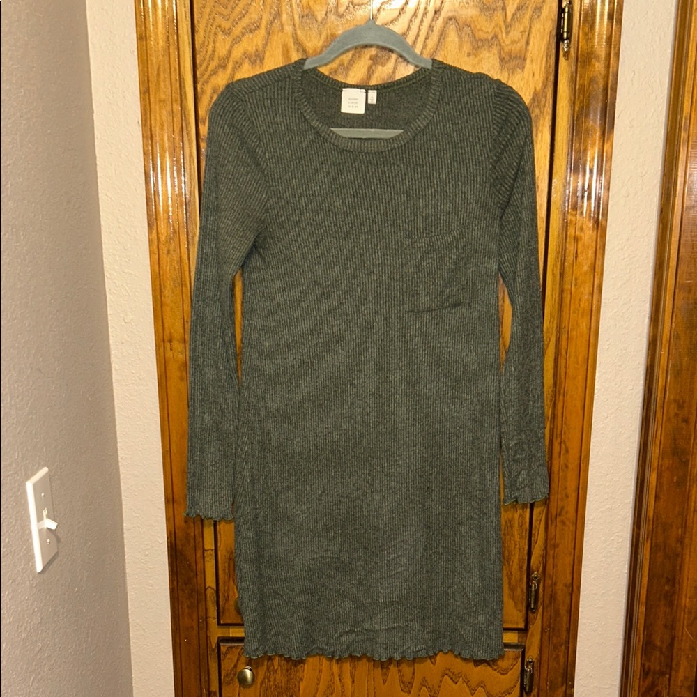Good Luck Gem Ribbed Knit Lettuce Trim Long Sleeve Midi Winter Fall Dress size S